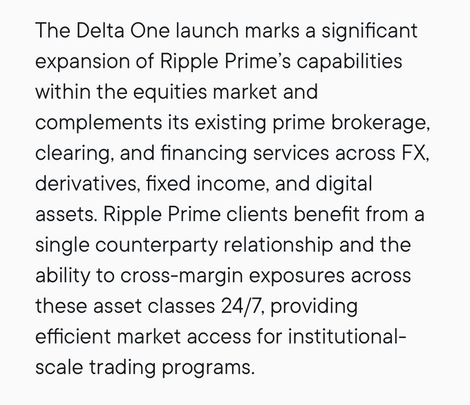 The image contains text describing Ripple Prime's Delta One launch, highlighting its expansion within the equities market and integration with existing prime brokerage, clearing, and financing services across FX, derivatives, fixed income, and digital assets, with 24/7 cross-margining capabilities.

The text sets the context for the post's point about Ripple Prime's conflict-free execution model in Delta One, reinforcing how the platform's integrated, single-counterparty structure across multiple asset classes distinguishes it from competitors that operate alongside market-making or proprietary trading desks.