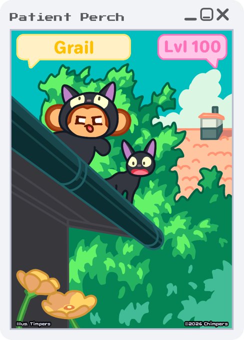 A digital trading card titled 'Patient Perch' from the Chimpers collection showing cartoon monkeys dressed in cat costumes on a rooftop, tagged 'Grail' and 'Lvl 100'.