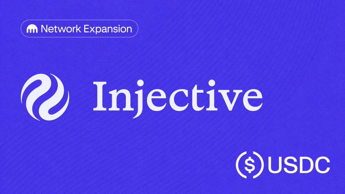 A promotional graphic on a blue background announcing "Network Expansion" with the Injective logo and "USDC" branding, corresponding to the announcement that USDC deposits and withdrawals are now live on the Injective Layer 1 blockchain.
