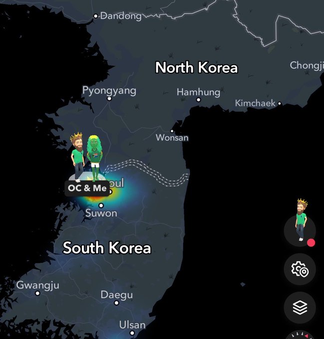 A heat map shows two users ('OC & Me') near Seoul, South Korea, displaying the cities of North Korea (including Pyongyang, Hamhung, Wonsan, Kimchaek) and South Korea (including Seoul, Suwon, Gwangju, Daegu, Ulsan) with the Korean Peninsula labeled.