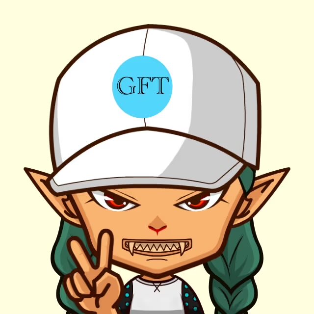 A cartoon-style illustration of a fanged, elf-eared girl with red eyes wearing a white cap labeled "GFT" while flashing a peace sign, paired with a cheerful "GM" greeting post from the GirlsFromTransylvania (#GFT) NFT community project.