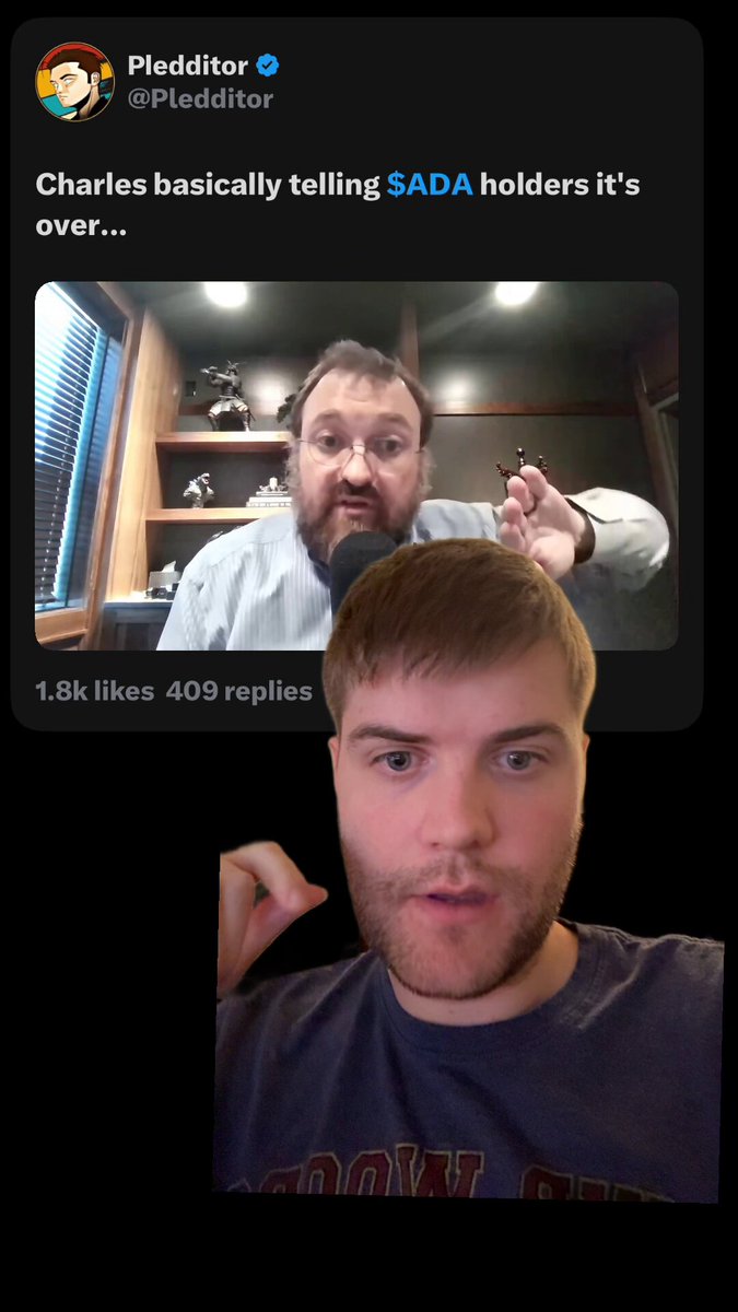The image shows a man with a beard wearing glasses, holding up his hand and pointing at another man who appears to be making a funny face while talking into a microphone. The caption of the image reads "Cardano is cooked!!! The founder of SADA Says he has no power over Cardano...". This post seems to be a humorous take on the founder's statement about Cardano, with the intention of entertaining or amusing the audience.