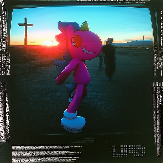 A pink cartoon unicorn character stands on a desert road at sunset, with a cross silhouetted on the left and people walking in the background. The image has a vintage CRT monitor effect and features "UD" text in the corner, matching the post's promotion of $UFD and Erms' art style.