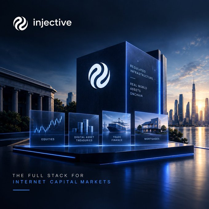 A promotional graphic for Injective, displaying the text 'REGULATED INFRASTRUCTURE — REAL WORLD ASSETS ONCHAIN' and 'THE FULL STACK FOR INTERNET CAPITAL MARKETS' alongside icons for Equities, Digital Asset Treasuries, Trade Finance, and Mortgages.