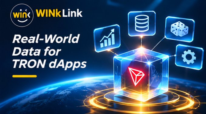Promotional graphic for WinkLink reading “Real-World Data for TRON dApps,” with the WinkLink logo, TRON emblem, and icons for analytics, databases, dice, and settings.