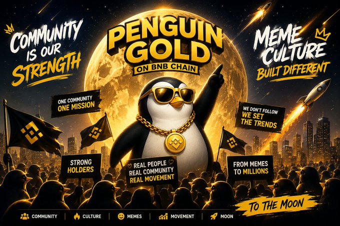 A promotional graphic for "Penguin Gold on BNB Chain" featuring a sunglasses-wearing penguin with a gold chain in front of a full moon, surrounded by slogans like "Community Is Our Strength," "Meme Culture Built Different," "One Community One Mission," "Strong Holders," "Real People Real Community Real Movement," and "To The Moon." The image visually reinforces the post's message about building a bold, trend-defying community and cultural movement on BNB Chain under the ticker $PGG.
