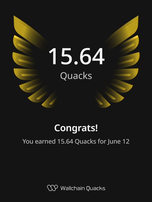 The image shows a poster or advertisement featuring an eagle with golden wings set against a black background. Below the eagle, there is text that congratulates the user for earning 15.64 Quacks during the week of June 12th (possibly for "Quackathon" if not explicitly clear). The main focus of the image is on the positive accomplishment of the individual who has been awarded these Quacks as a reward.