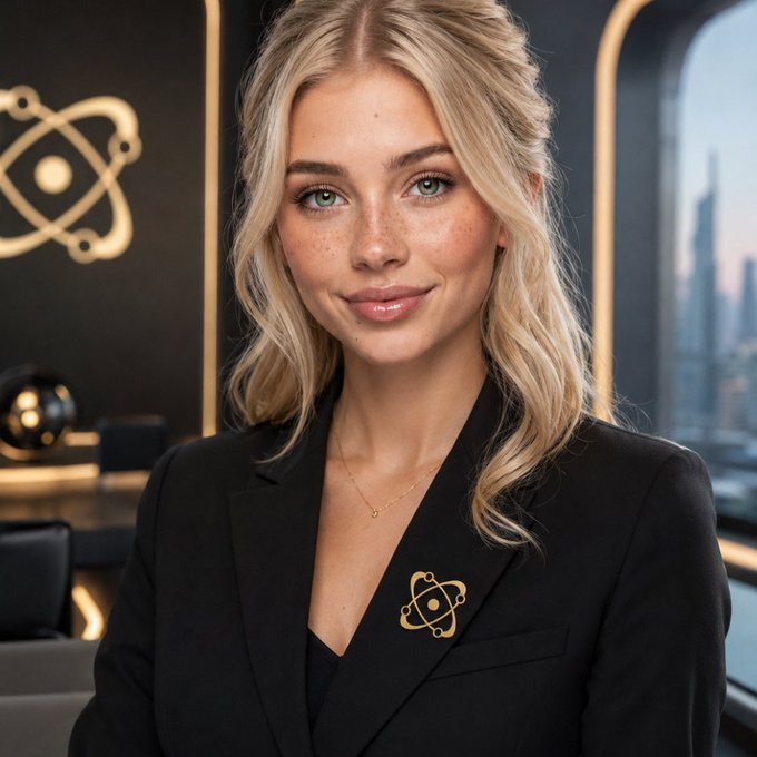 A blonde woman in a black blazer with an atomic symbol pin poses in a modern interior setting with a matching atomic logo on the wall.