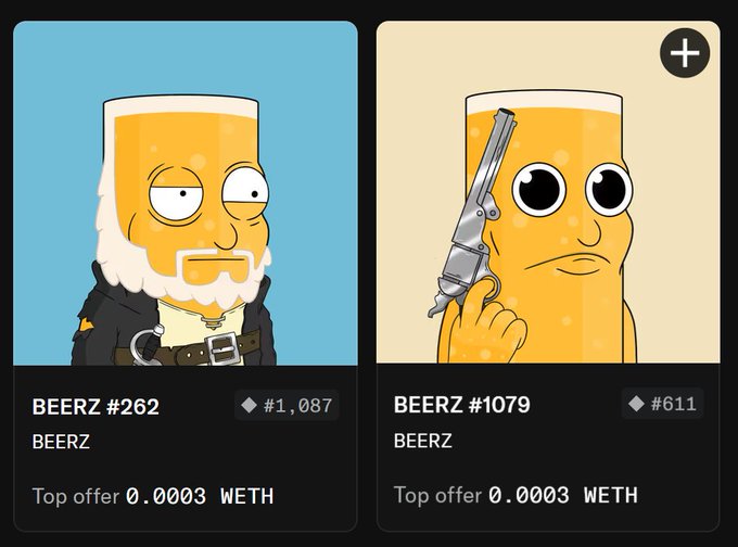 NFT marketplace listing showing two 'BEERZ' tokens: BEERZ #262 (top offer 0.0003 WETH) and BEERZ #1079 (top offer 0.0003 WETH), featuring cartoon beer glass characters including one holding a revolver.