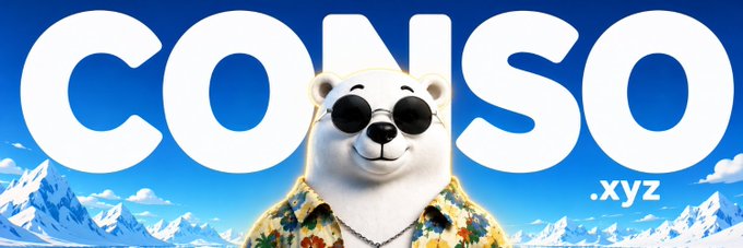 Promotional graphic featuring a cartoon polar bear wearing sunglasses and a floral shirt in front of a snowy mountain landscape, with large text 'CONSO' and '.xyz'.