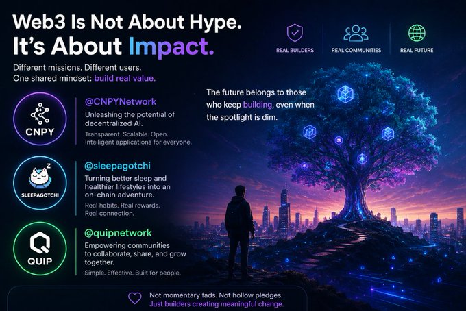 A Web3 promotional graphic titled 'Web3 Is Not About Hype. It's About Impact' highlighting three projects: @CNPYNetwork (decentralized AI), @sleepagotchi (on-chain sleep and health), and @quipnetwork (community collaboration), with icons for 'Real Builders,' 'Real Communities,' and 'Real Future.'