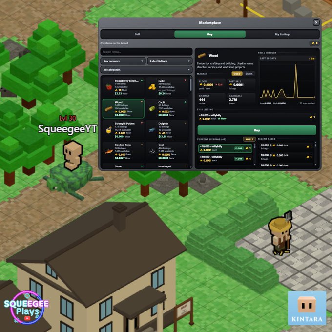 This image shows the Kintara Marketplace interface, specifically the 'Wood' tab, which displays a price history graph for the past 30 days, current listings with quantities, and a 'Sweep' option, while the player 'SqueegeeYT' (Lvl 30) is visible in the background.