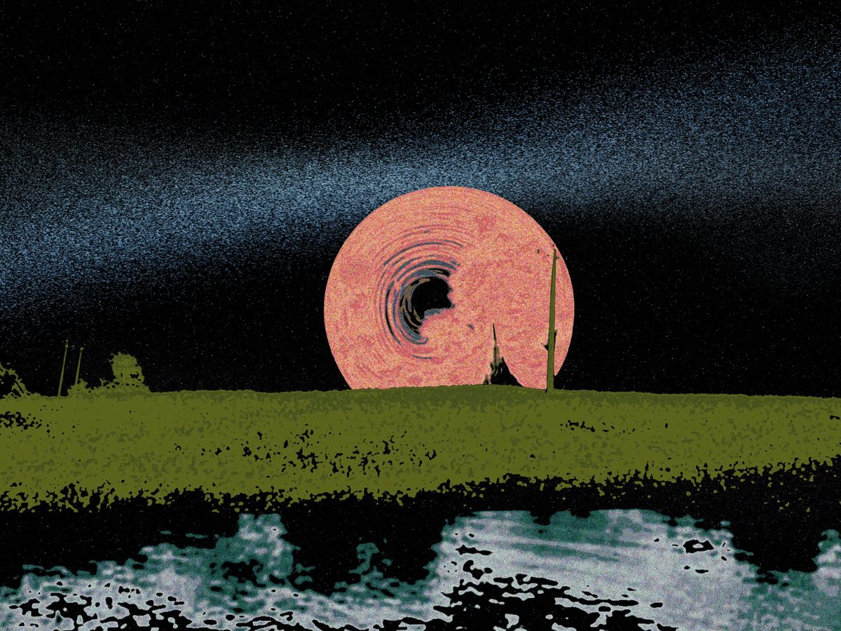 The image features a large pink circle with a hole in the center, set against a dark sky. The sun appears to be rising or setting behind this circular shape, creating an interesting visual effect. The caption of the image reads "Late good morning legends The moon doesn’t light the sky here, it swallows it." This phrase is related to the post about the moon swallowing the sky and is likely a part of the artist's creative process or message they wanted to convey through their work.