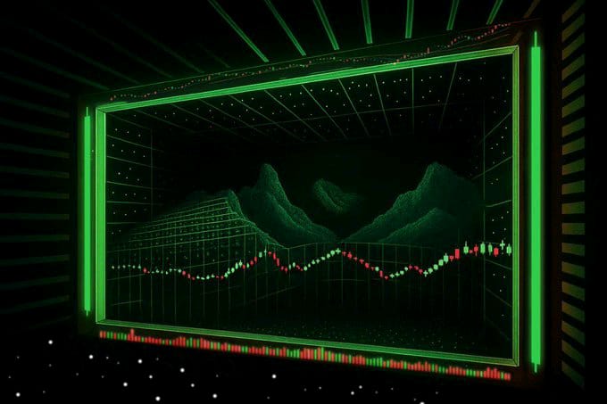 A stylized stock chart graphic displayed in a green-framed screen against a dark background, showing candlestick patterns overlaid on a topographic mountain wireframe.