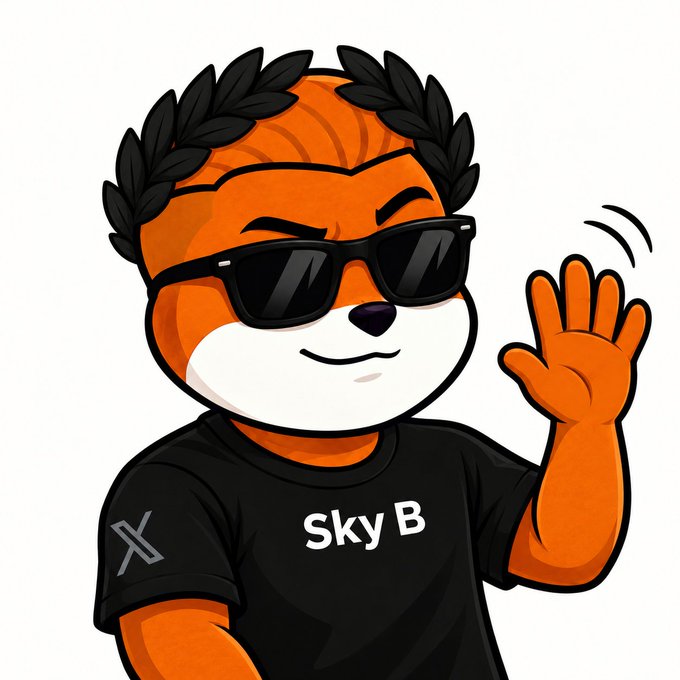 A cartoon illustration of an orange character with black dreadlock-like strands, sporting dark sunglasses and a black shirt with 'Sky B\' printed on it, along with an X logo.