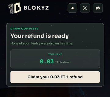 A Blokvz platform notification showing a draw complete message with a 'Your refund is ready' heading, indicating 0.03 ETH refund available to claim.