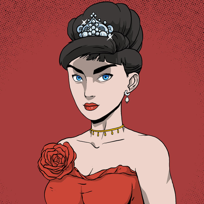 A comic-style illustration of a woman with black hair styled in a high bun adorned with a jeweled tiara, wearing a red dress with a rose accent and a gold choker, set against a red background.