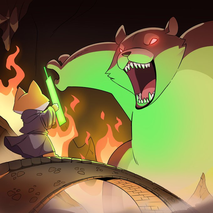 A small fox character wielding a glowing green lightsaber stands bravely on a stone bridge, roaring at a giant, menacing bear-like creature looming above amidst flames, perfectly capturing the defiant spirit of "Bears shall not pass!!!"
