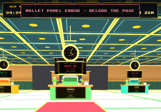 A screenshot from a virtual game or metaverse environment displaying 'WALLET PANEL ERROR - RELOAD THE PAGE' in pink text at the top, with cryptocurrency prices shown on screens including 'BTC $210.96' and 'ETH $253.54'.