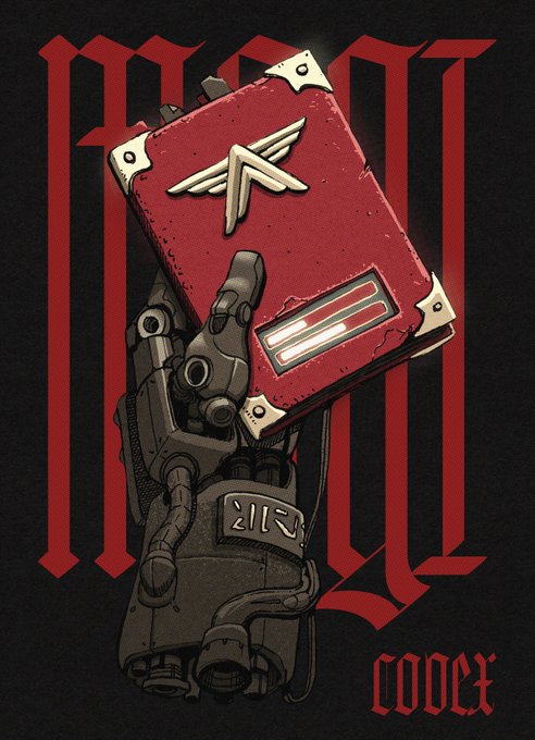 A cyberpunk-style robotic hand holds a red data tome against a black background with "CODEX" text. The image's "LOADING..." caption suggests it's being used as a stylized "loading" placeholder while the codex/data file initializes.