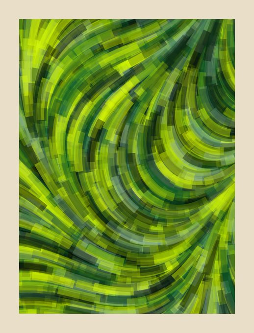 An abstract digital artwork displays swirling, curved lines in various shades of green and yellow, resembling a pixelated or mosaic pattern.