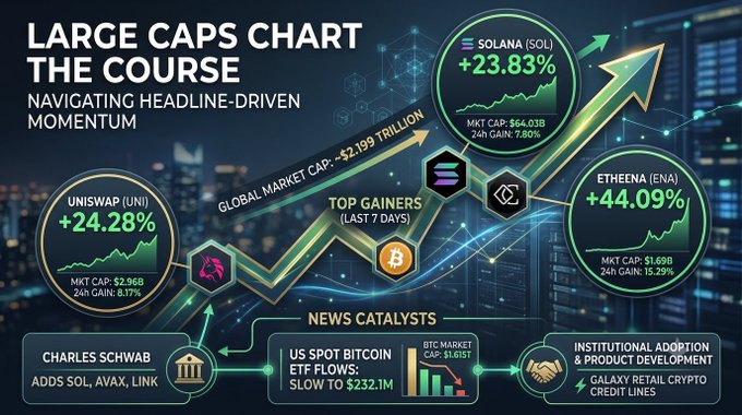 A 'Large Caps Chart the Course' infographic showing top crypto gainers over 7 days: Uniswap (UNI) +24.28%, Solana (SOL) +23.83%, and Ethena (ENA) +44.09%, with news catalysts including Charles Schwab adding SOL, AVAX, LINK and US Spot Bitcoin ETF flows.