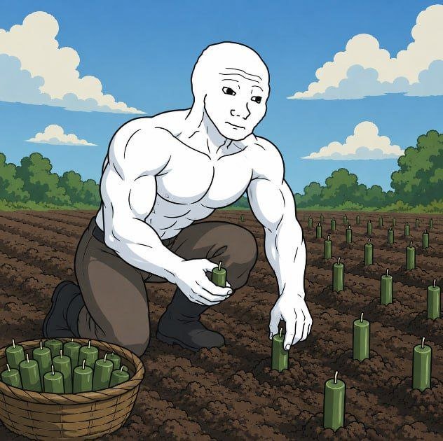 A muscular Wojak figure kneels in a freshly tilled field, planting green candles into the soil from a wicker basket, symbolizing steady cultivation of gains. The image visually echoes the post's "planting conviction, patience, and relentless belief" metaphor toward reaching $WOJAK's $10B+ market cap.