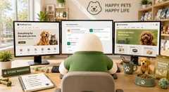 A cute, egg-shaped character sits at a desk with three computer monitors displaying websites for "Happy Pets Happy Life," suggesting an AI-powered pet store or service. This visually complements the post's theme of AI taking over tasks previously done by humans.