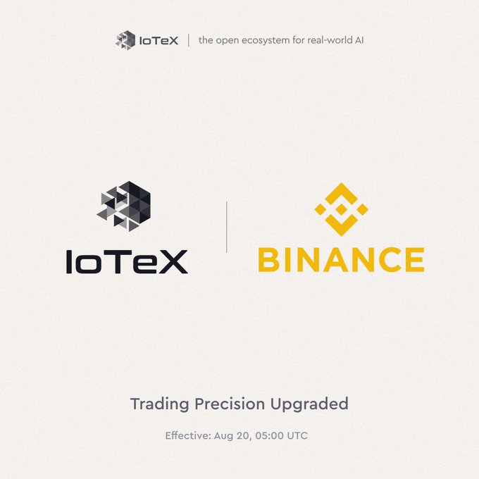 The image is a promotional graphic from IoTeX featuring the IoTeX and Binance logos side by side, with the headline "Trading Precision Upgraded" and a note that the change is "Effective: Aug 20, 05: UTC," visually supporting the announcement that Binance is updating the tick size for IOTX spot pairs.