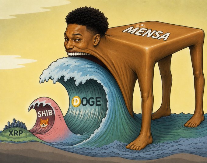 A surreal illustration shows a smiling figure whose body transforms into a massive wave labeled "MENSA," poised to swallow the smaller waves of "DOGE," "SHIB," and "XRP," visually reinforcing the claim that $MENSA will overtake rival meme coins as the biggest in crypto.