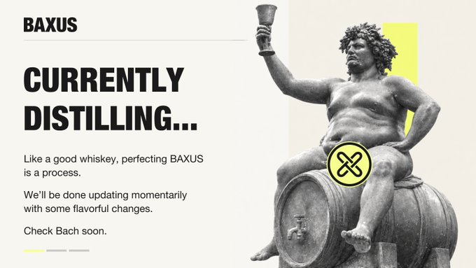 A 'Currently Distilling...' maintenance screen for BAXUS, featuring a classical statue of a man on a wine barrel holding a cup, with text explaining the site is updating momentarily.