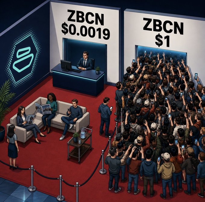 The image contrasts two scenes: a small, relaxed group enjoying the early price of "ZBCN $0.0019" in an empty lounge area, versus a massive, eager crowd swarming toward the "ZBCN $1" sign with phones in hand—visually capturing the post's message that true conviction comes at the quiet, low-priced stage before the masses arrive.