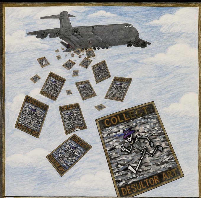 An illustration of a military cargo plane dropping cards that read "COLLECT DESULTOR ART" from its open ramp, set against a cloudy sky.