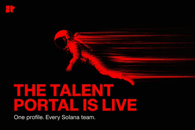 A dark promotional graphic with a red-tinted image of an astronaut flying horizontally, featuring the Superteam 'St' logo and text reading 'THE TALENT PORTAL IS LIVE' and 'One profile. Every Solana team.'