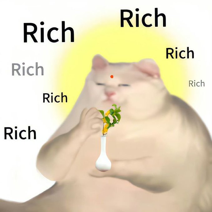 A meme image of a chubby white cat holding a vase with a small plant, with the word "Rich" repeated multiple times around it in various sizes.