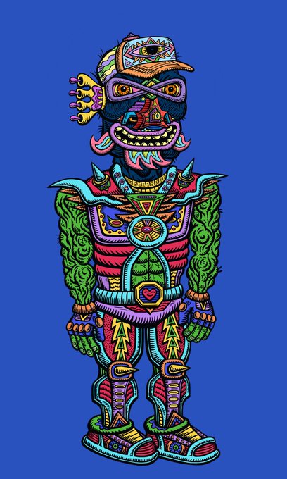 A colorful psychedelic illustration of a muscular humanoid figure with elaborate tribal patterns, horns, and a cap against a blue background.