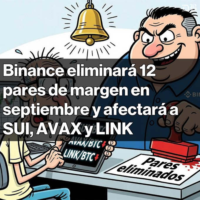A cartoon illustration of a smug man pressing a stamp labeled 'Pares eliminados' (Pairs eliminated) while a stressed trader watches, with text stating 'Binance eliminará 12 pares de margen en septiembre y afectará a SUI, AVAX y LINK' (Binance will eliminate 12 margin pairs in September and will affect SUI, AVAX and LINK).