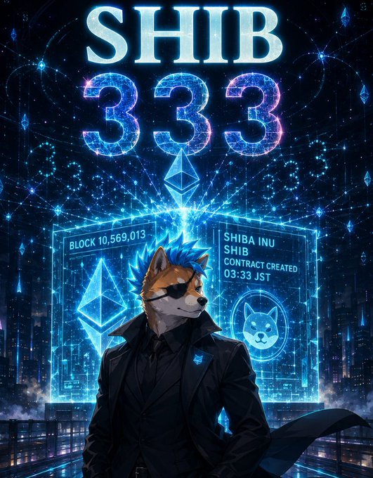 A digital artwork featuring an anthropomorphic Shiba Inu dog wearing sunglasses and a black coat, with the text 'SHIB 333', 'BLOCK 10,569,013', and 'SHIBA INU SHIB CONTRACT CREATED 03:33 JST' over a blue neon city background.