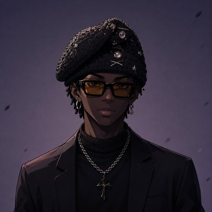 An anime-style illustration of a stylish character wearing a textured black beret with decorative gems, yellow-tinted sunglasses, and a cross necklace against a purple background.