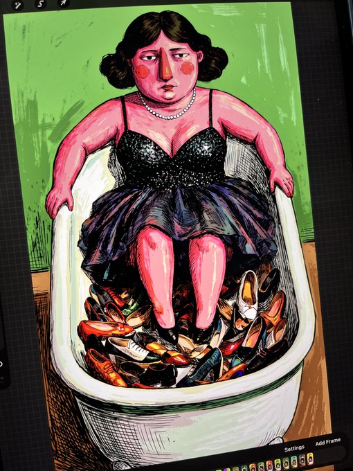A colorful stylized illustration of a pink-skinned woman in a black sequined dress sitting in a bathtub filled with various shoes, displayed on a tablet screen.
