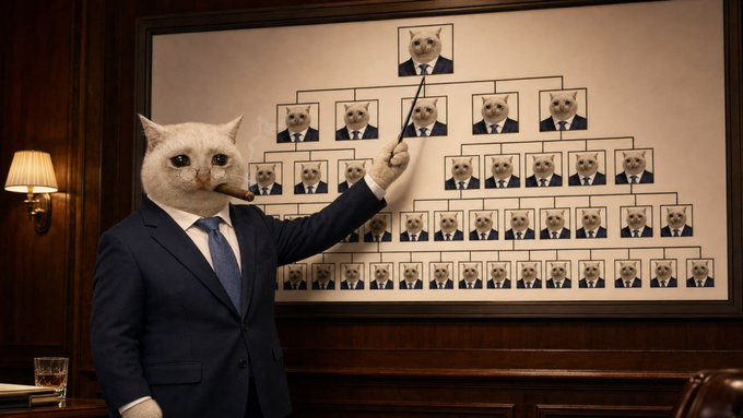 A white cat in a navy business suit and tie stands in a wood-paneled boardroom, holding a cigar and pointing at an organizational chart composed entirely of cat portraits in suits.