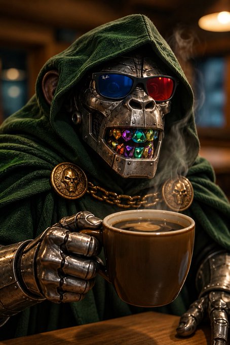 An AI-generated image of a menacing armored figure wearing a metal skull helmet with colorful gem teeth, red/blue 3D glasses, and a green hood, drinking coffee from a steaming mug.