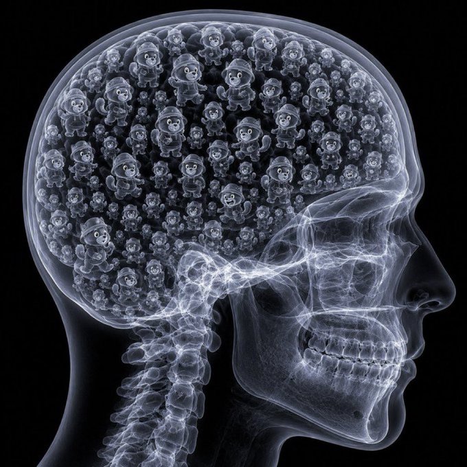 An X-ray style image of a human skull in profile where the brain area is filled with numerous small cartoon figures of a character wearing a hat.