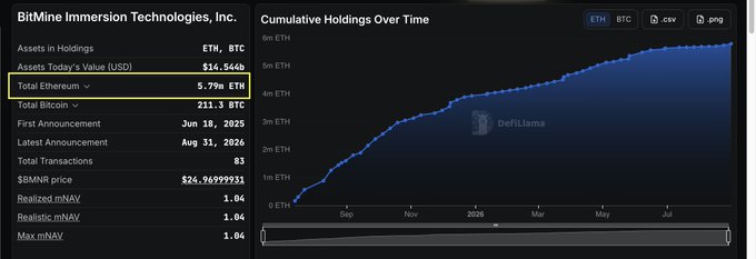 A dashboard for "BitMine Immersion Technologies, Inc." displays financial metrics including 5.79m ETH holdings (highlighted in a yellow box) alongside a "Cumulative Holdings Over Time" chart from DefiLlama showing growth from late 2024 through mid-2026.