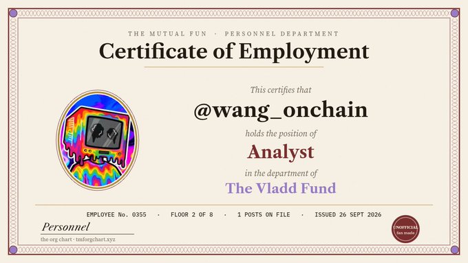 A 'Certificate of Employment' from The Mutual Fun Personnel Department certifying that @wang_onchain holds the position of Analyst in the department of The Vladd Fund, issued 26 Sept 2026.