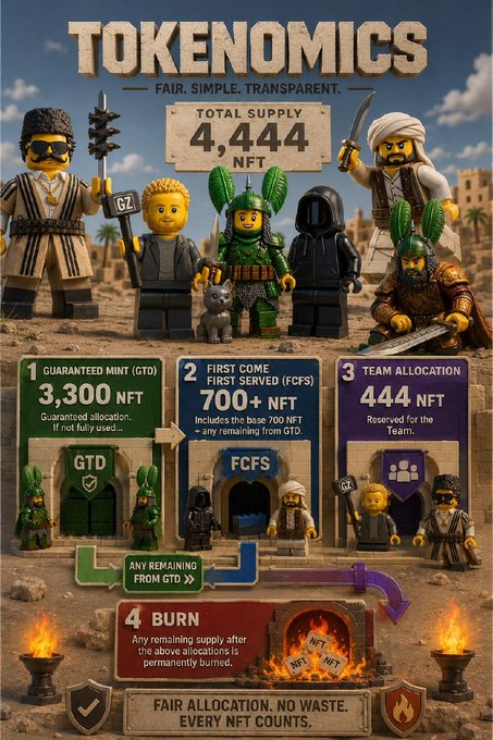 An infographic titled "TOKENOMICS FAIR. SIMPLE. TRANSPARENT." showing a total supply of "4,444 NFT" distributed among Lego-style characters, with sections for Guaranteed Mint (GTD) 3,300, First Come (FCFS) 700+, Team Allocation 444, and a Burn mechanism.