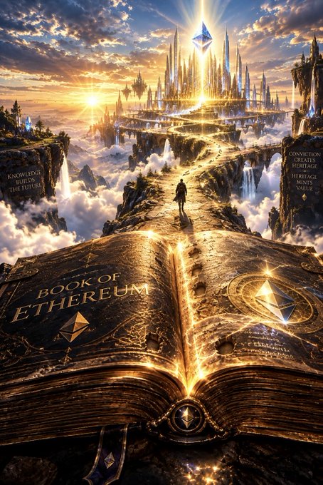 A fantasy digital artwork shows an open 'BOOK OF ETHEREUM' leading toward a glowing citadel, with words like 'KNOWLEDGE CREATES THE FUTURE' inscribed on a stone to the left.