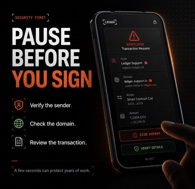 A Ledger crypto wallet security advertisement with the text 'PAUSE BEFORE YOU SIGN', advising to 'Verify the sender,' 'Check the domain,' and 'Review the transaction.' The smartphone screen displays a 'SUSPICIOUS Transaction Request' from 'Ledger Support' at 'ledger-support.io'.