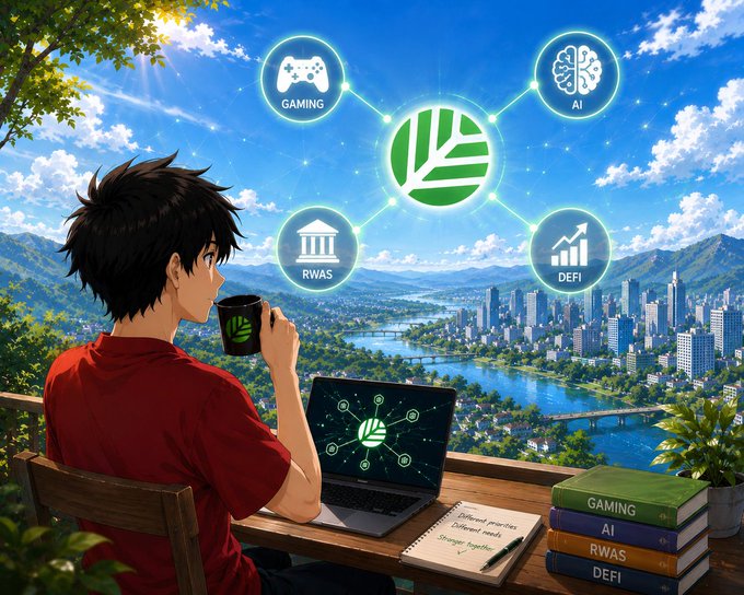 An anime-style illustration of a young man in a red shirt sitting at a desk with a laptop and coffee mug, looking out over a cityscape. Above him is a glowing network diagram connecting icons labeled "GAMING", "AI", "RWAS", and "DEFI" to a central leaf logo.