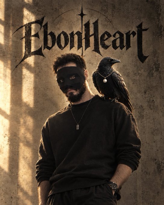 A man wearing a black half-mask and black sweater stands with a black raven perched on his shoulder, with the gothic-style text 'EbonHeart' displayed prominently above him on a textured wall.